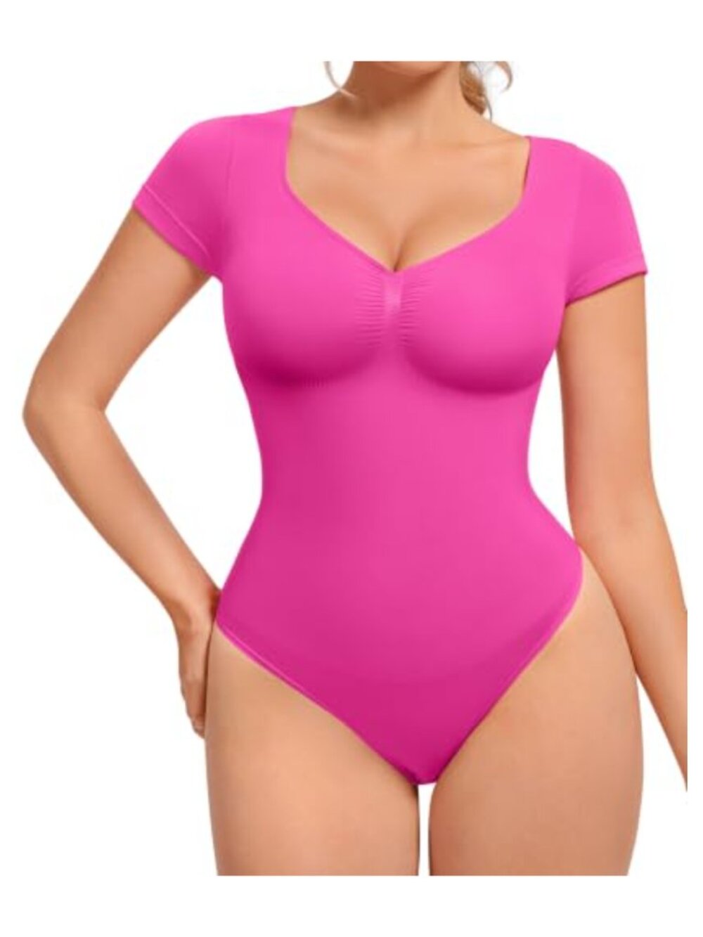 Short Sleeve Shapewear Bodysuit V Neck Tummy Control Thong Backless